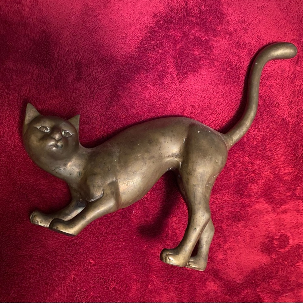 X-Large Vintage Brass Cat Sculpture Hollywood Regency Era Brass 16”